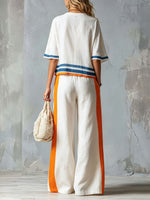 Women's Striped Color-block Loose Vacation Round Neck Short-sleeve Top And Wide-leg Pants Two-piece Set