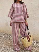 Casual Striped Linen Top And Wide-leg Pants Two-piece Set