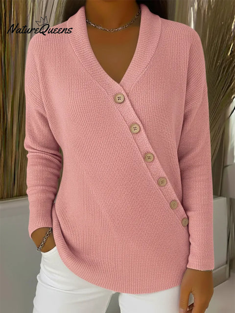 Casual Solid Color V-neck Oblique Button Cardigan Sweater
