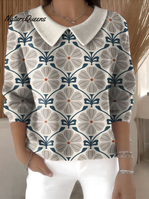 Geometric Floral Decorative Pattern Women Peter Pan Collar Sweater
