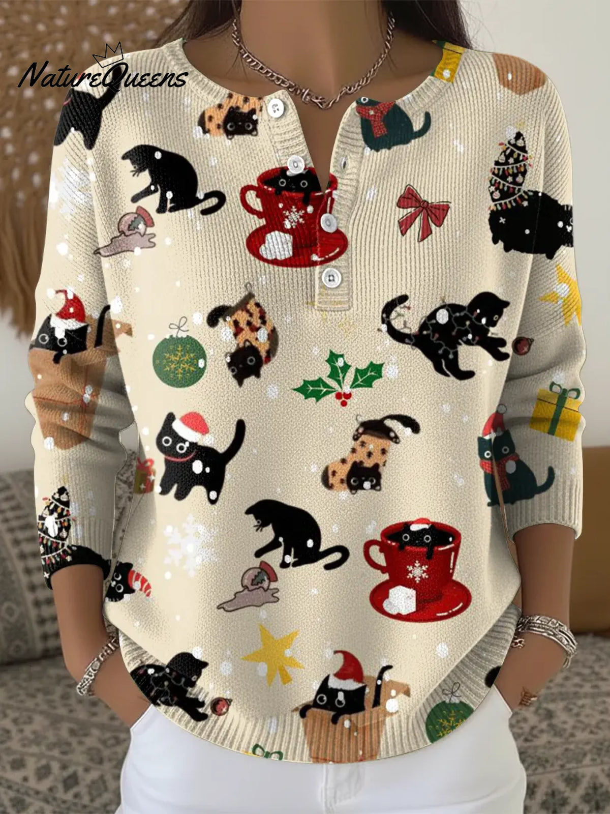 Women's Vintage Christmas Cat Casual Printed Sweater