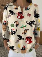 Women's Vintage Christmas Cat Casual Printed Sweater