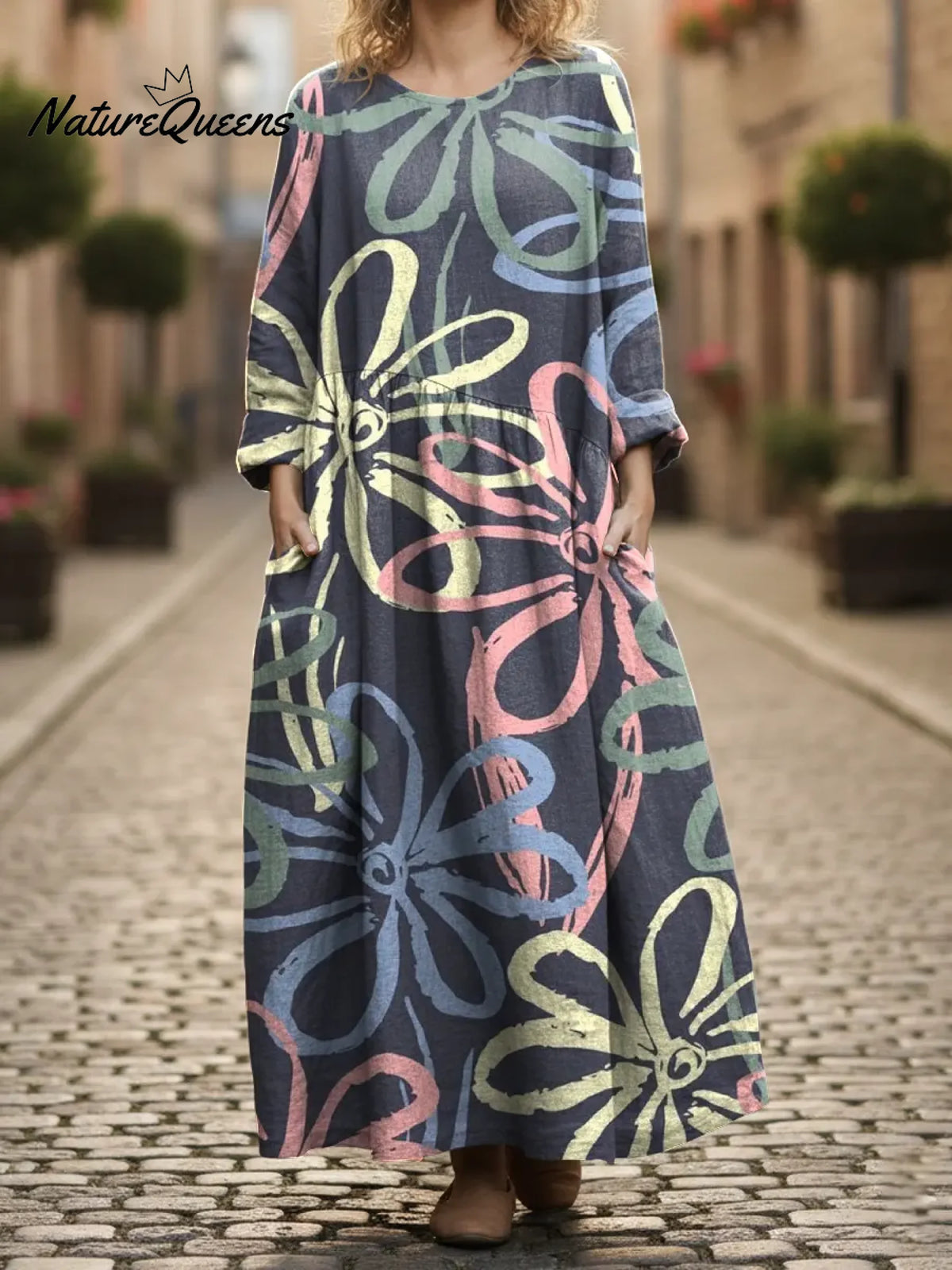 Women's Colorful Flowers Print Print Pocket Cotton Dress