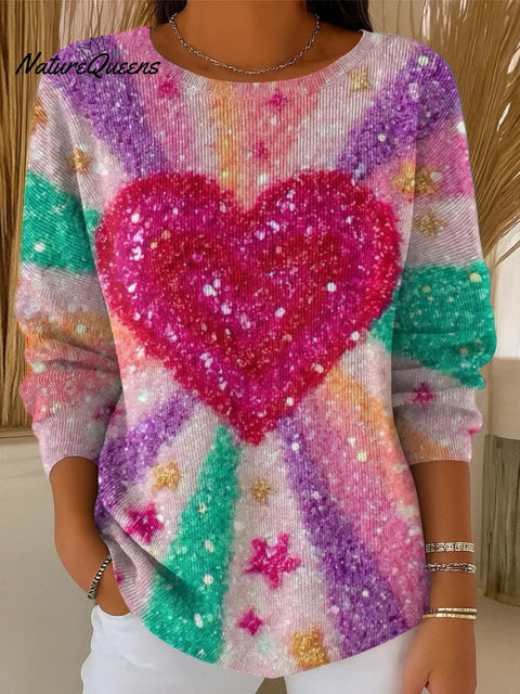 Women's Shiny Love Pattern Art Print Casual Cotton Knitted Sweater