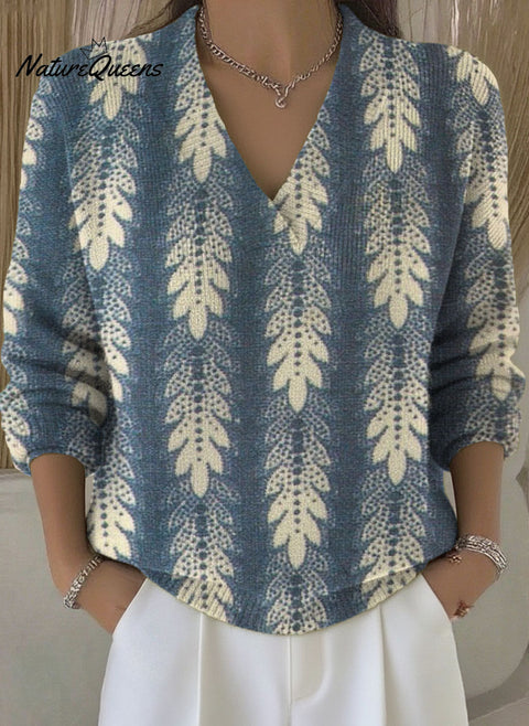 Gradient Leaf Decorative Pattern Women's Casual V Collar Long Sleeve Sweater