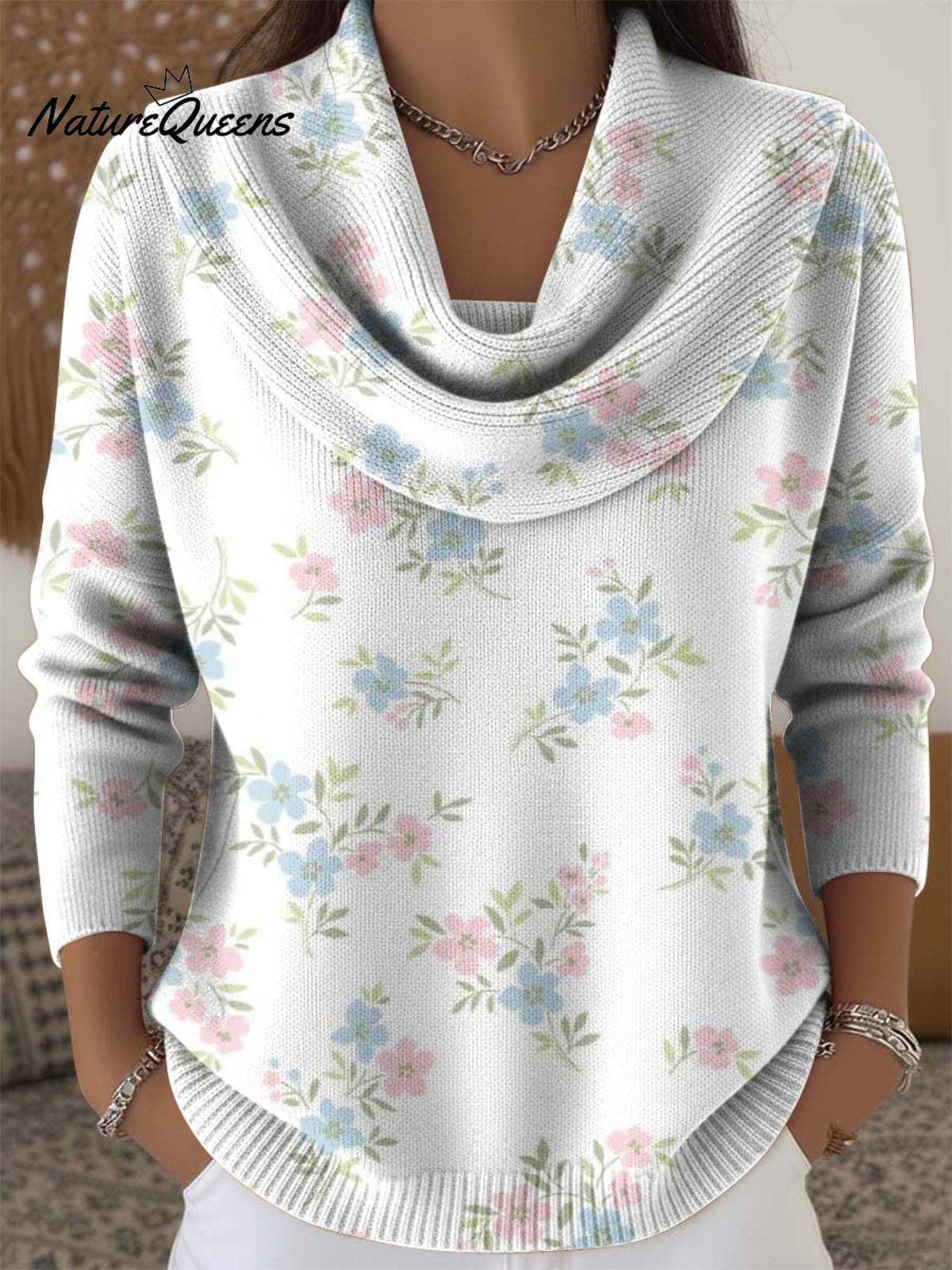 Fresh And Elegant Floral Decorative Patterns Women's Casual Swing Collar Long Sleeve Sweater