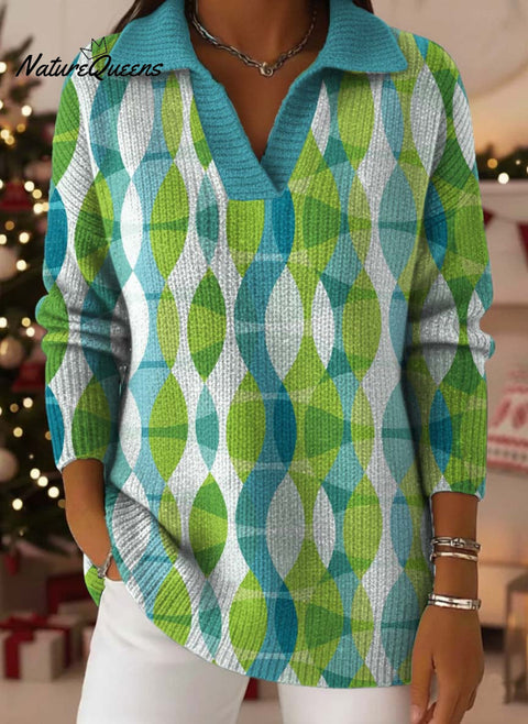 Geometric Wavy Lines Decorative Pattern Women's Casual Shirt Collar Long Sleeve Sweater