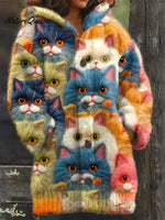 Women's Funny Cats Pattern Art Print Casual Fleece Coat