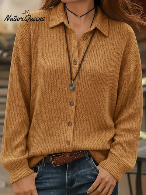 Casual Solid Color Shirt Collar Button Knit Cardigan Sweater