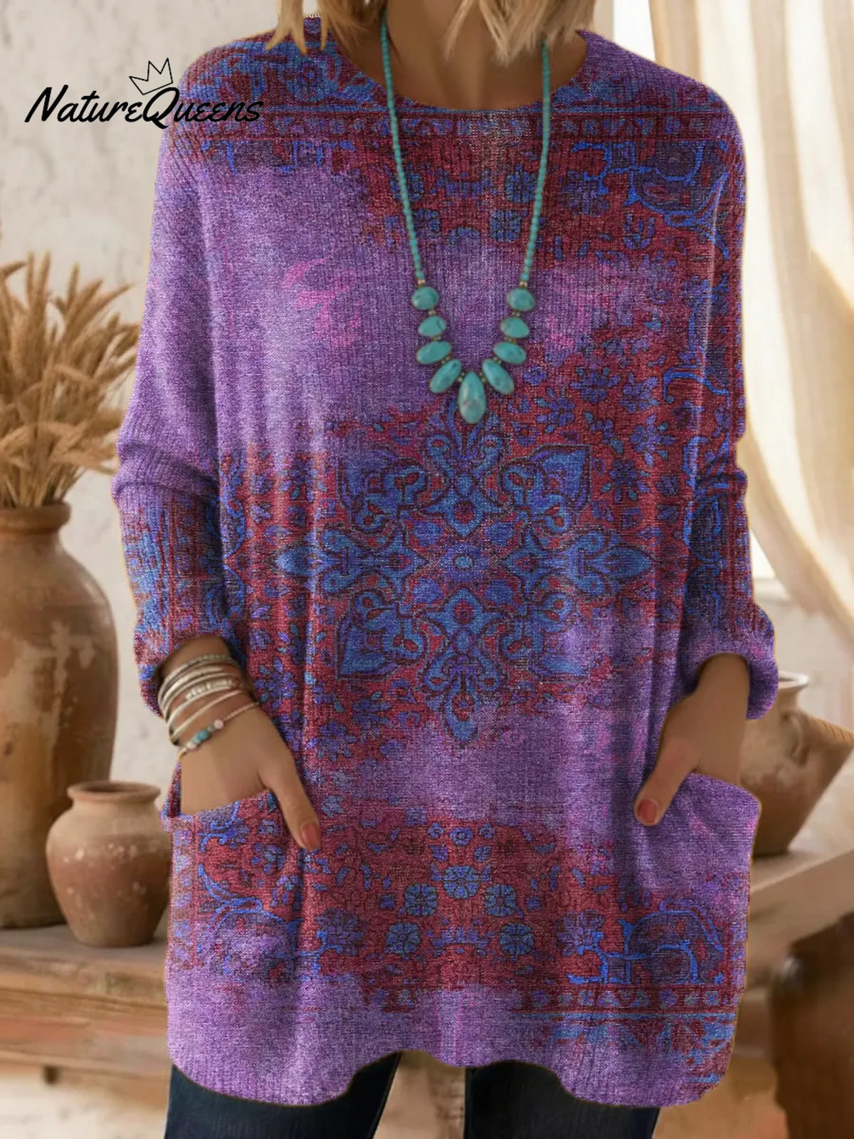 Women's Floral Pattern Art Print Casual Cotton Knitted Sweater