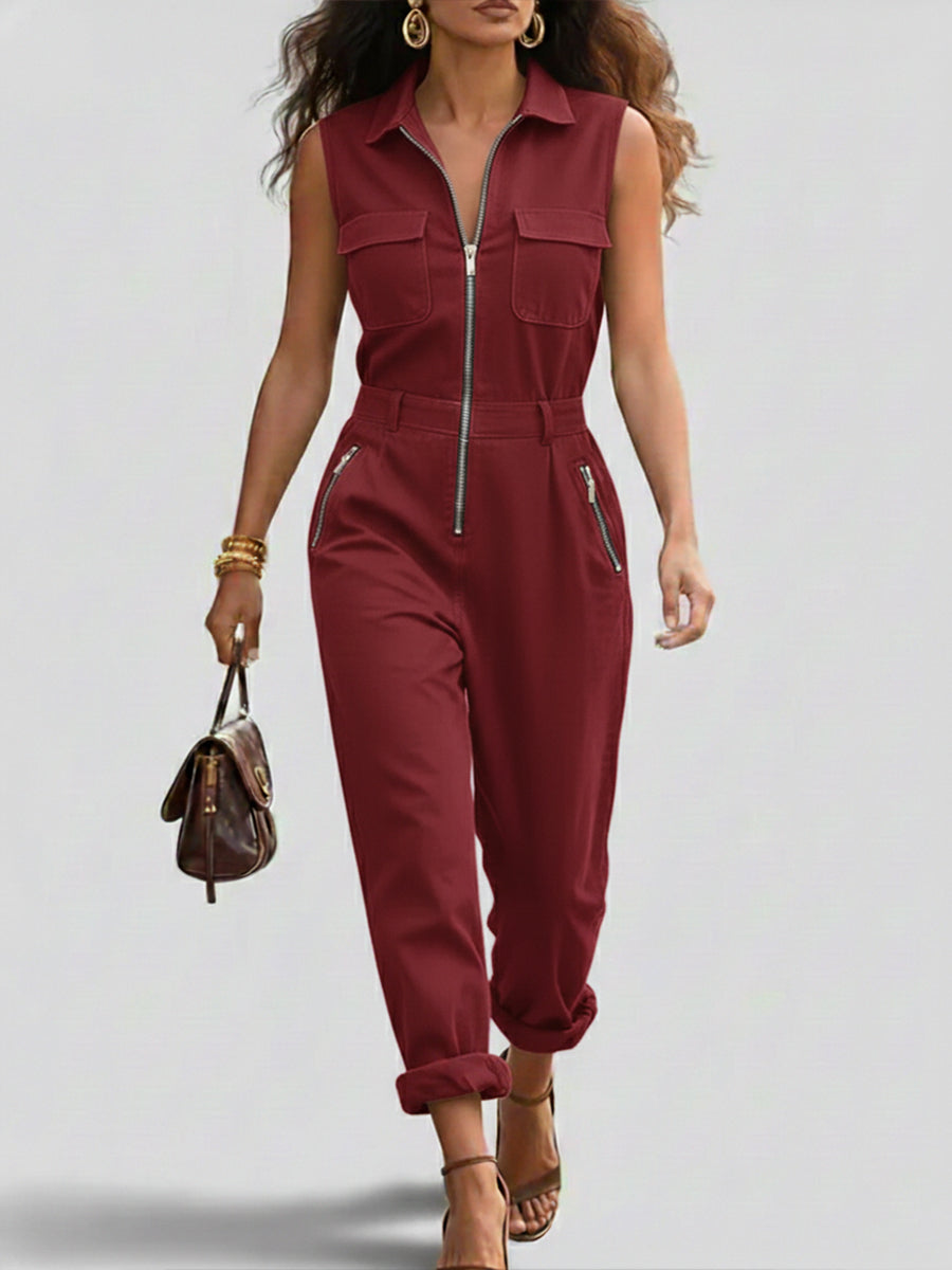 Fashionable And Casual Zippered Sleeveless Cotton Jumpsuit