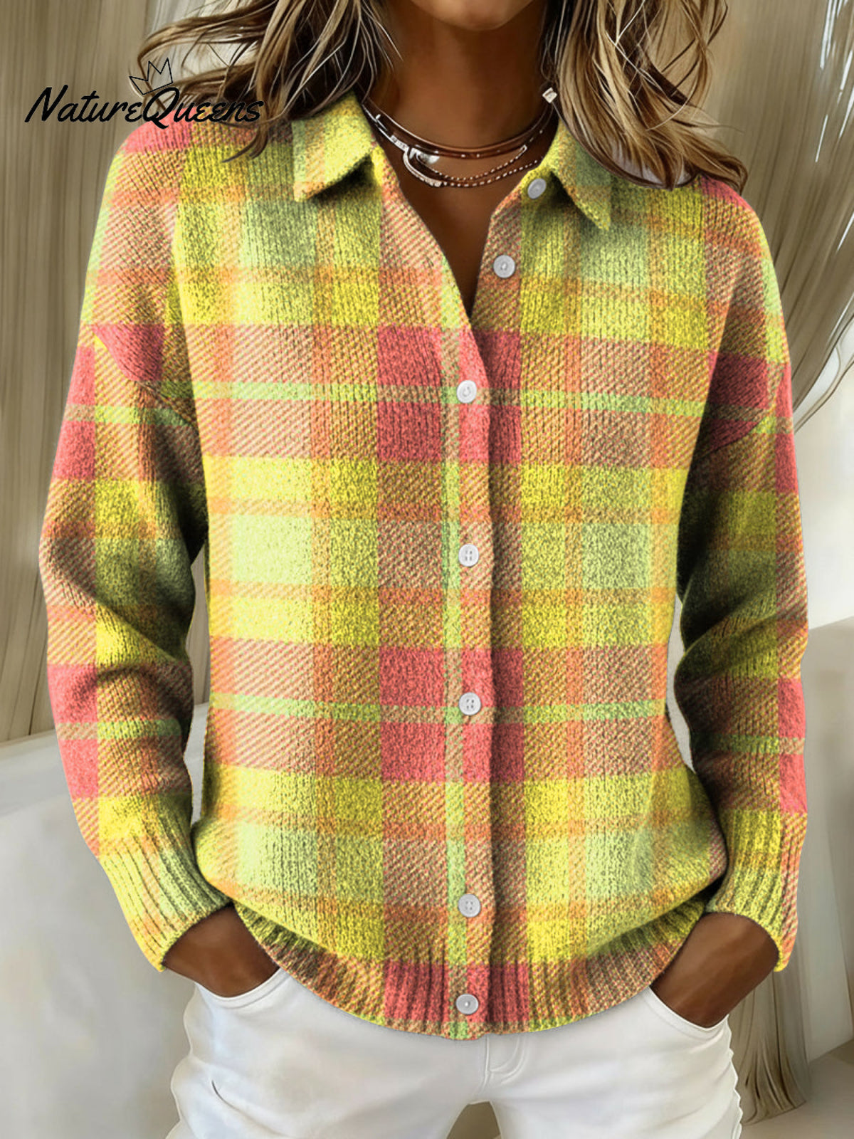 Bright Geometric Patterned Decorative Design Casual Shirt Collar Long Sleeve Sweater