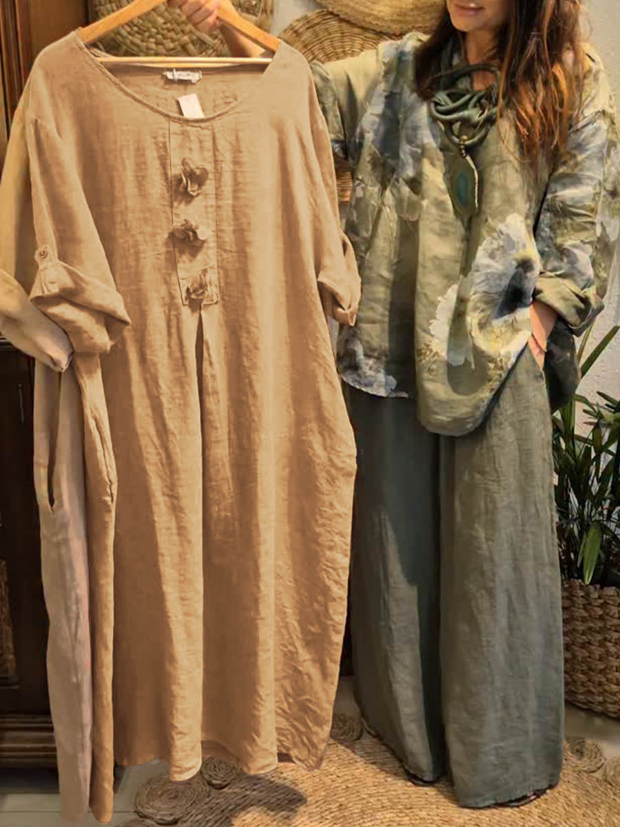 Women's Solid Color Round Neck 3/4 Sleeve Casual Loose Cotton And Linen Dress