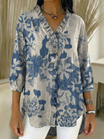 Women's Vintage Ruffled Casual Shirt With Botanical Art Print