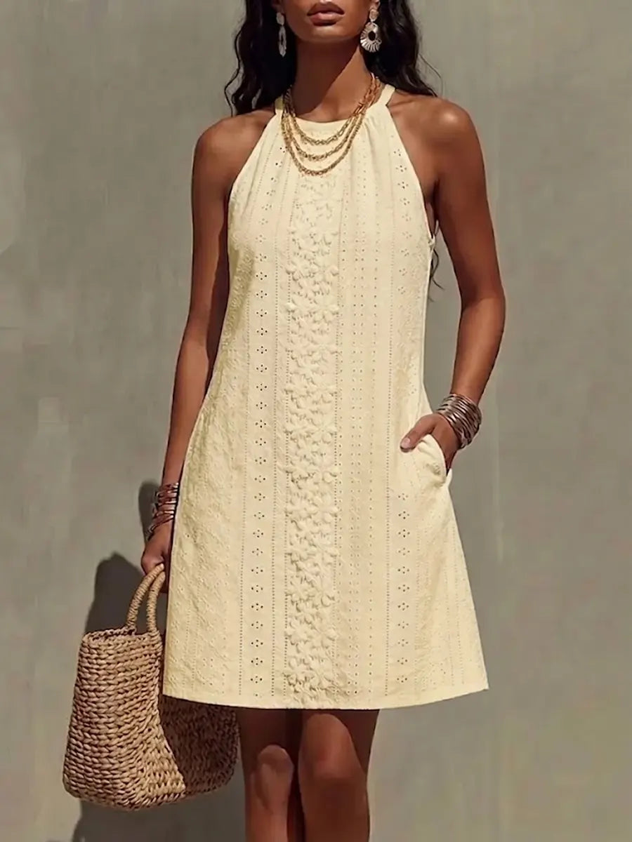 Halter Neck Embroidered Hollow-out A-line Mini Skirt