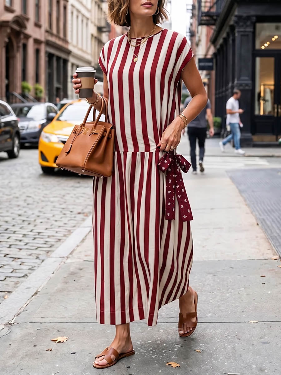 Women's Striped Print Round-neck Short-sleeve Casual Loose Cotton-linen Dress