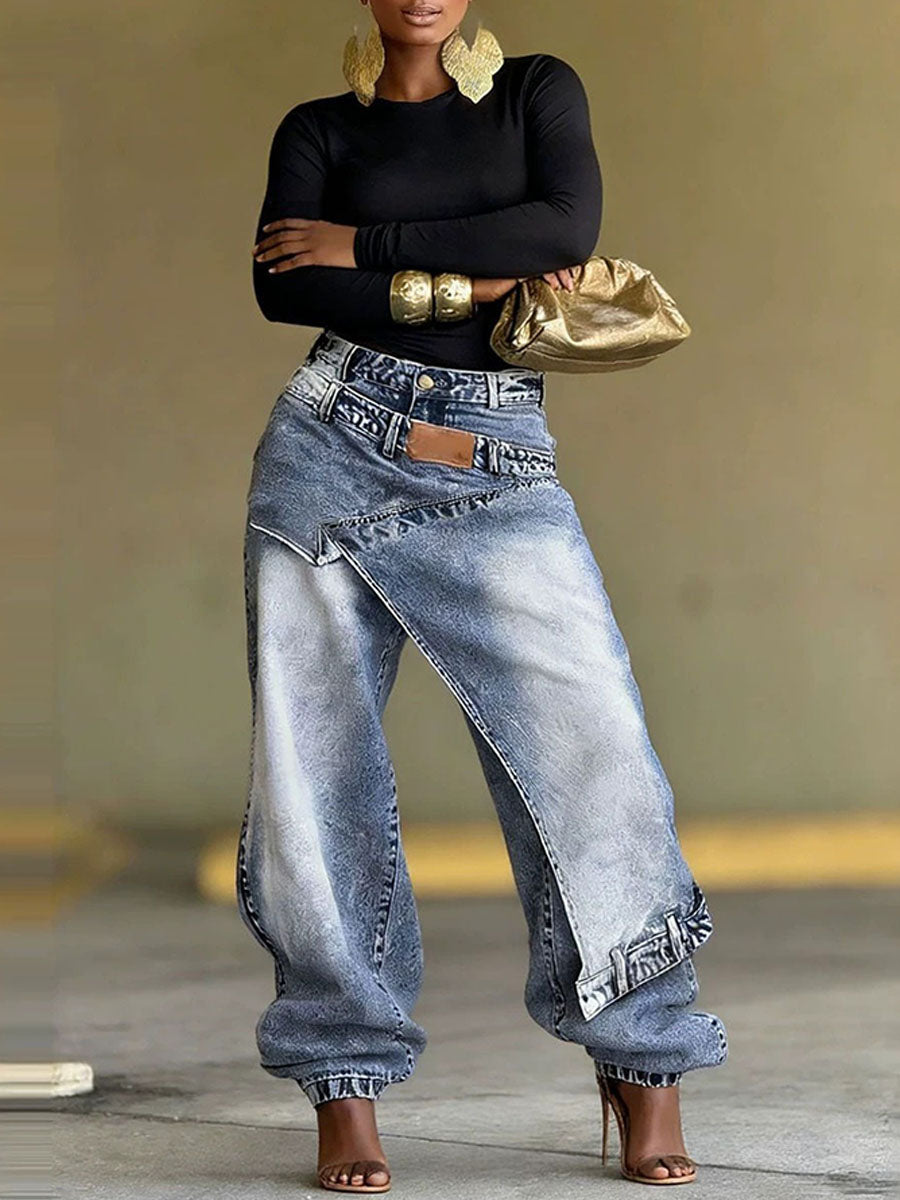 Women's Washed Wide-leg Jeans With Layered Panel Detail