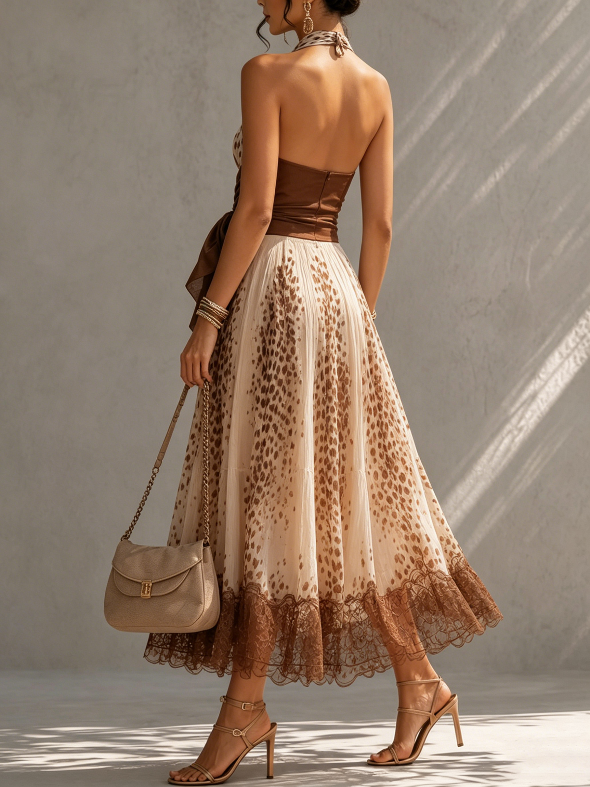 Gradient Leopard Print Halter Tie-Strap Top + Pleated Lace-Paneled Skirt Set