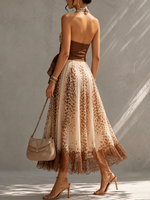 Gradient Leopard Print Halter Tie-Strap Top + Pleated Lace-Paneled Skirt Set
