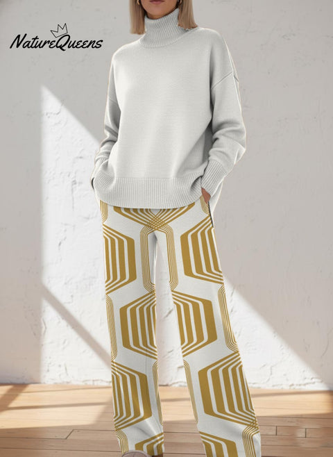 Geometric Line Decorative Pattern Casual Stand Collar Long Sleeve Top And Pants