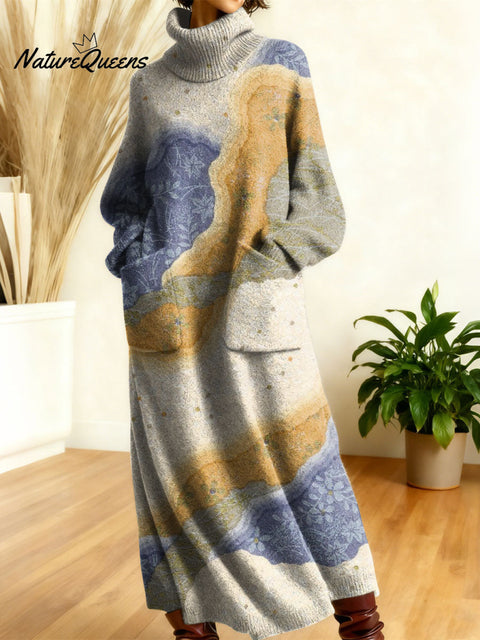 Women's Retro Floral Flowers High-neck Long-sleeve Casual Loose Knit Dress