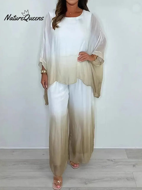 Women's Gradient Color Round Neck Long Sleeve Casual Loose Top And High Waist Casual Loose Wide Leg Pants Set