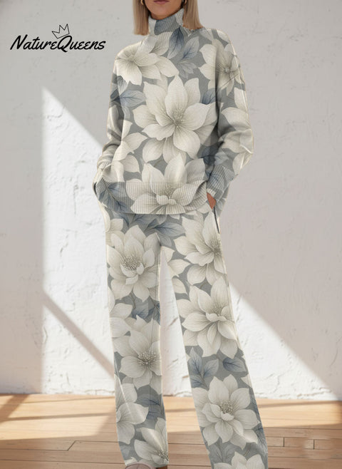 Elegant Floral Decorative Pattern Casual Stand Collar Long Sleeve Top And Pants