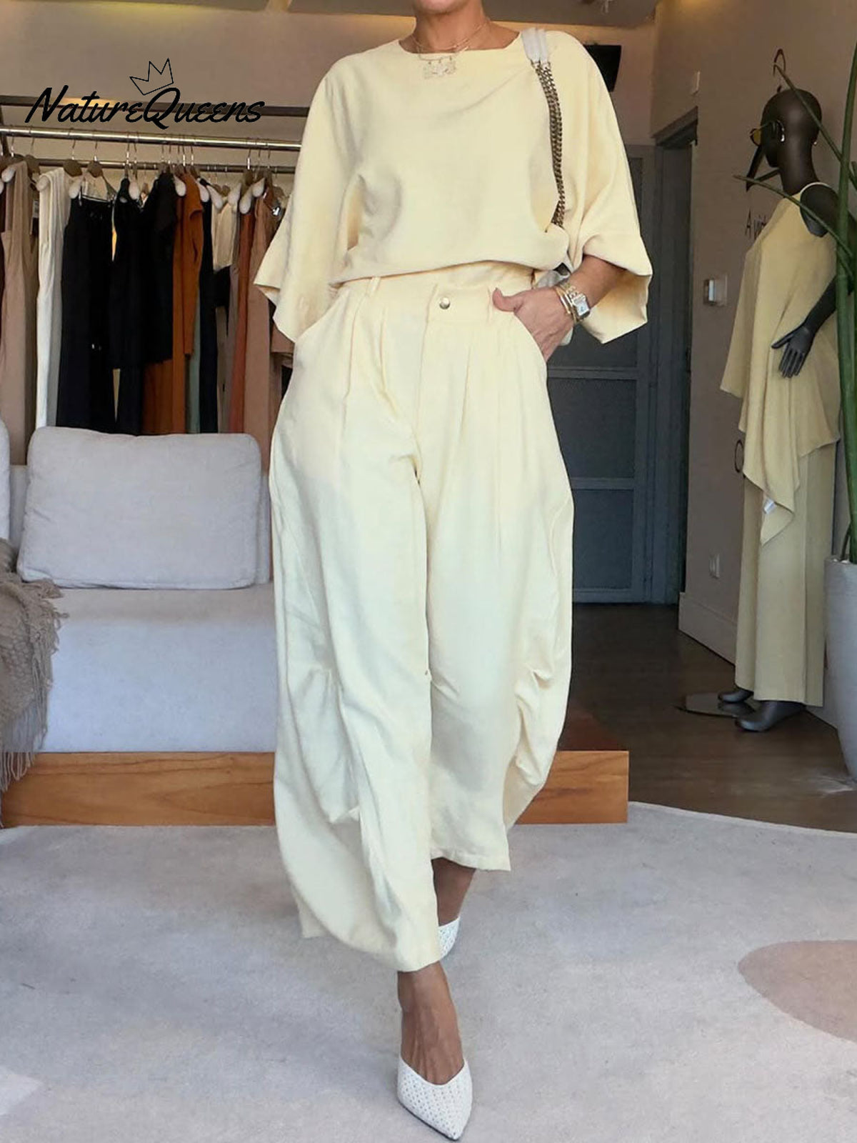 Women's Solid Color Round Neck Three-quarter Sleeve Casual Loose Top And High-waisted Casual Loose Wide-leg Pants Cotton Set.