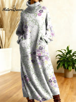 Women's Retro Floral Flowers High-neck Long-sleeve Casual Loose Knit Dress