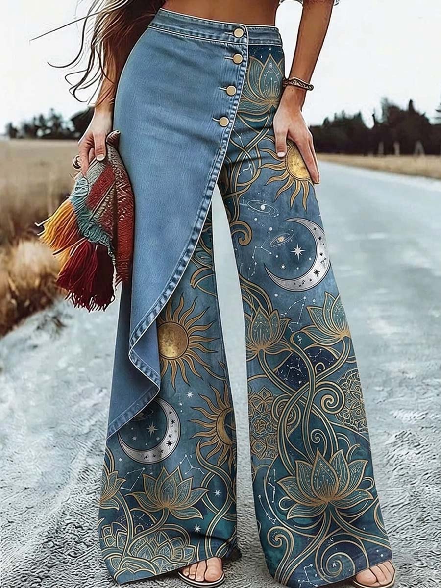 Women's Retro Floral Moon Art Print Casual Denim Jeans