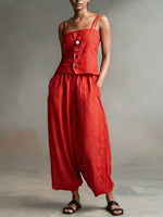 Women's Solid Color Sleeveless Casual Loose Camisole Top With Elastic Waist And Wide-leg Pants Cotton Set