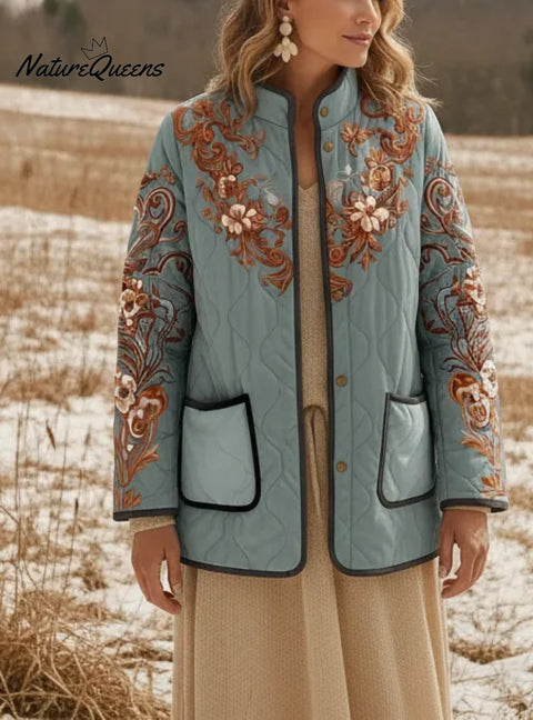 Retro Stand-up Collar Floral Print Pocket Padded Jacket