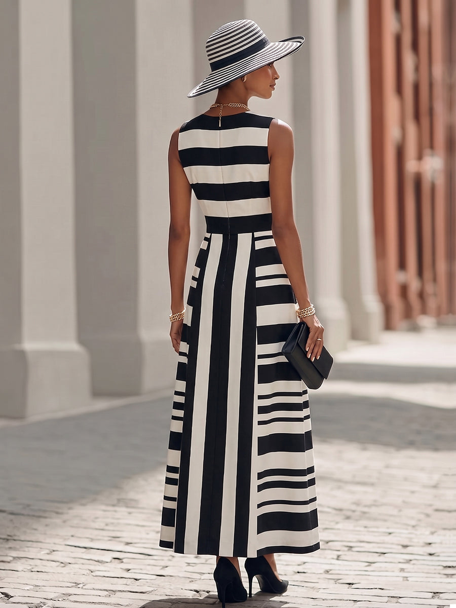 Elegant Artistic Black And White Striped Midi Dress