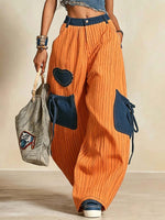 Women's Retro Striped Pattern Art Casual Cotton Denim Patchwork Pants