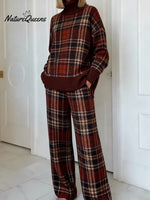 Women's Vintage PlaidArt Print Casual Knitted Cotton Top Pants Suit