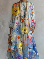 Women's Floral Art Print Casual Stylish 3/4 Sleeve Cotton Linen Suits