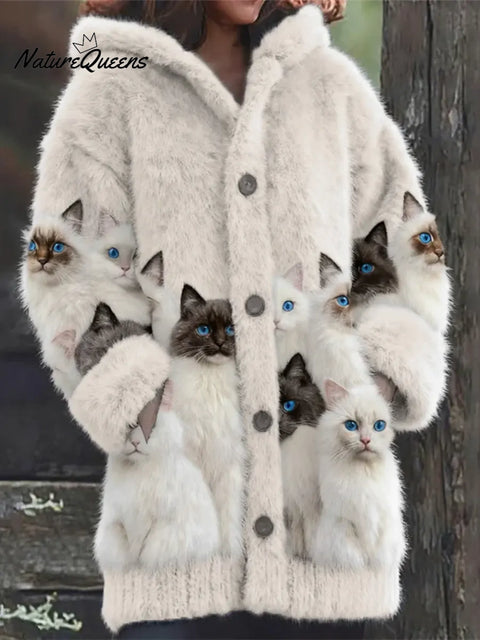 Women's Funny Cats Pattern Art Print Casual Fleece Coat