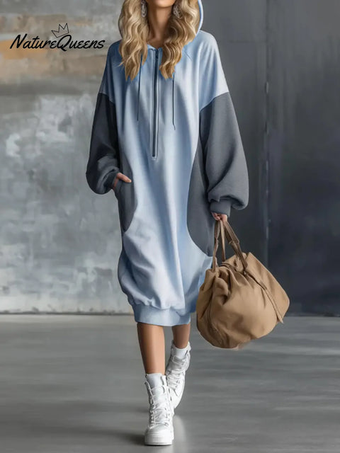 Women's Color-blocked Long-sleeved Hooded Dress