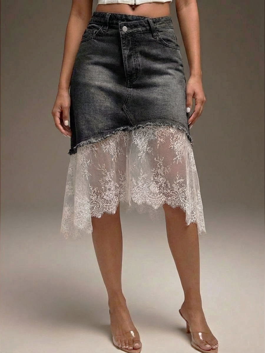 Casual Lace-paneled Denim Skirt