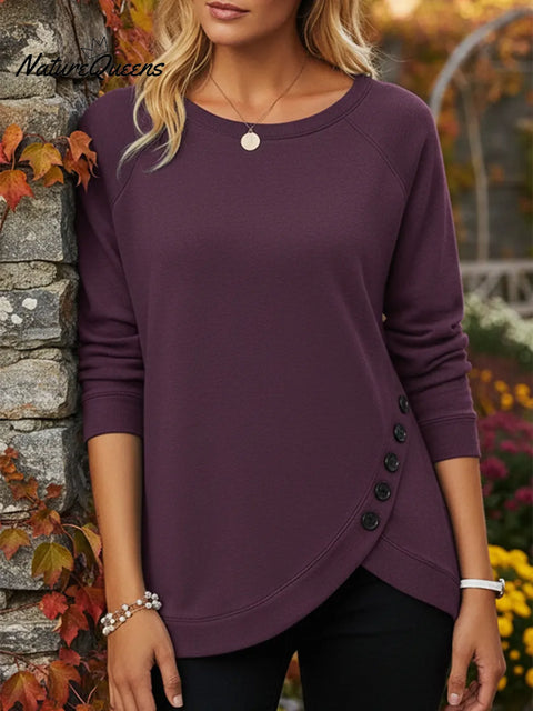 Casual Solid Color Irregular Hem Button Sweatshirt Top