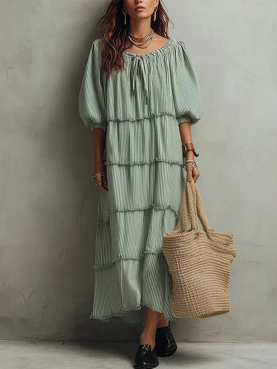 Women's Retro Striped Ruffled Art Casual Fashion Cozy Cotton Linen Dress