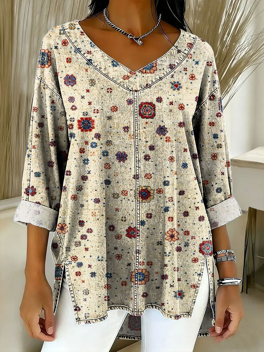 Women's Retro Gradient Flowers Floral Art Patterns Casual Washed Denim Cotton Top