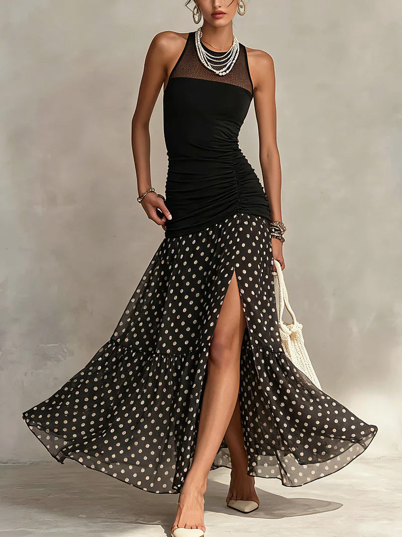 Sheer Polka-dot Chiffon Sleeveless Maxi Dress
