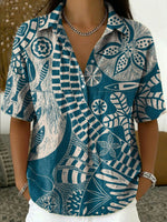 Women's Vintage Botanical Floral Casual Polo Collar Short-sleeved Linen And Cotton Shirt