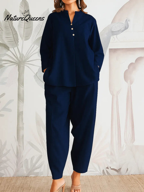 Women's Solid Color V-neck Long-sleeved Casual Loose Cotton And Linen Top And High-waisted Casual Jogger Pants Set