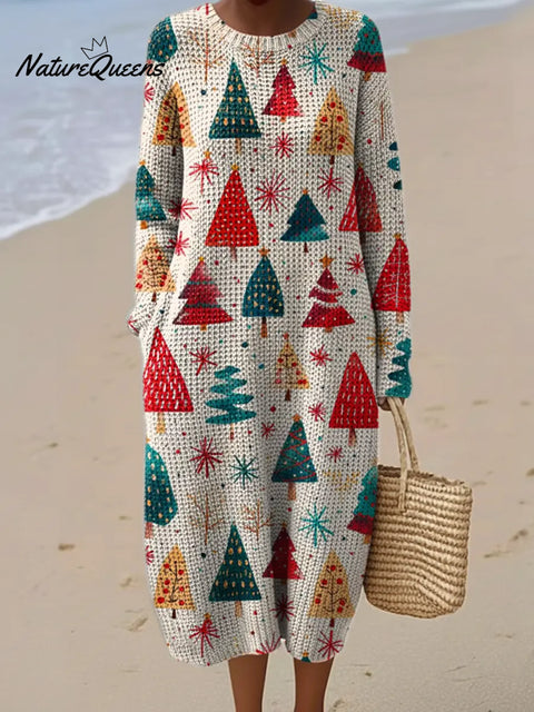 Gradient Christmas Tree Printed Round Neck Knit Dress