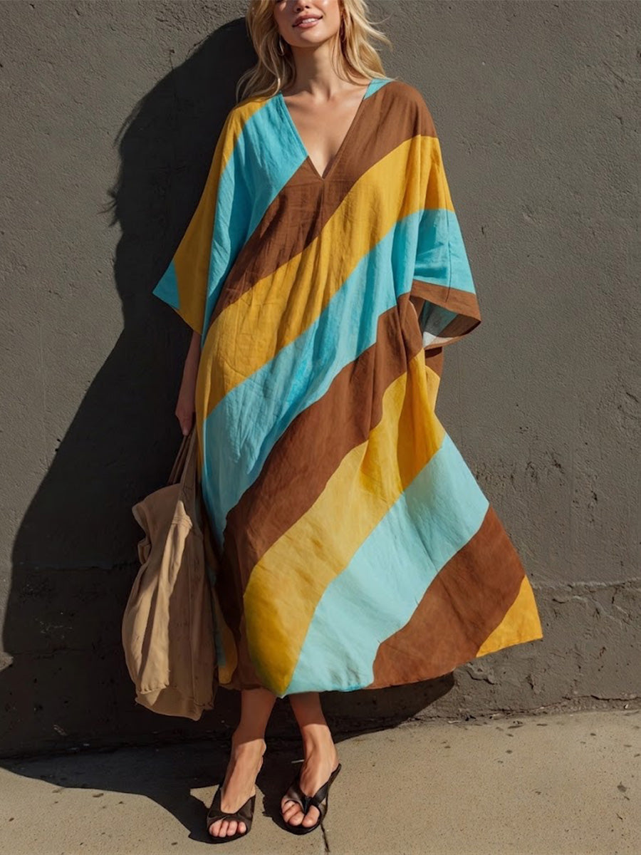 Color-block Diagonal Stripe V-neck Batwing-sleeve Cotton-linen Midi Kaftan Dress