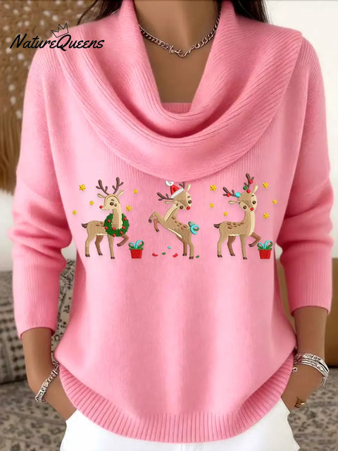 Women's Christmas Elk Art Print Cowl Neck Sweater
