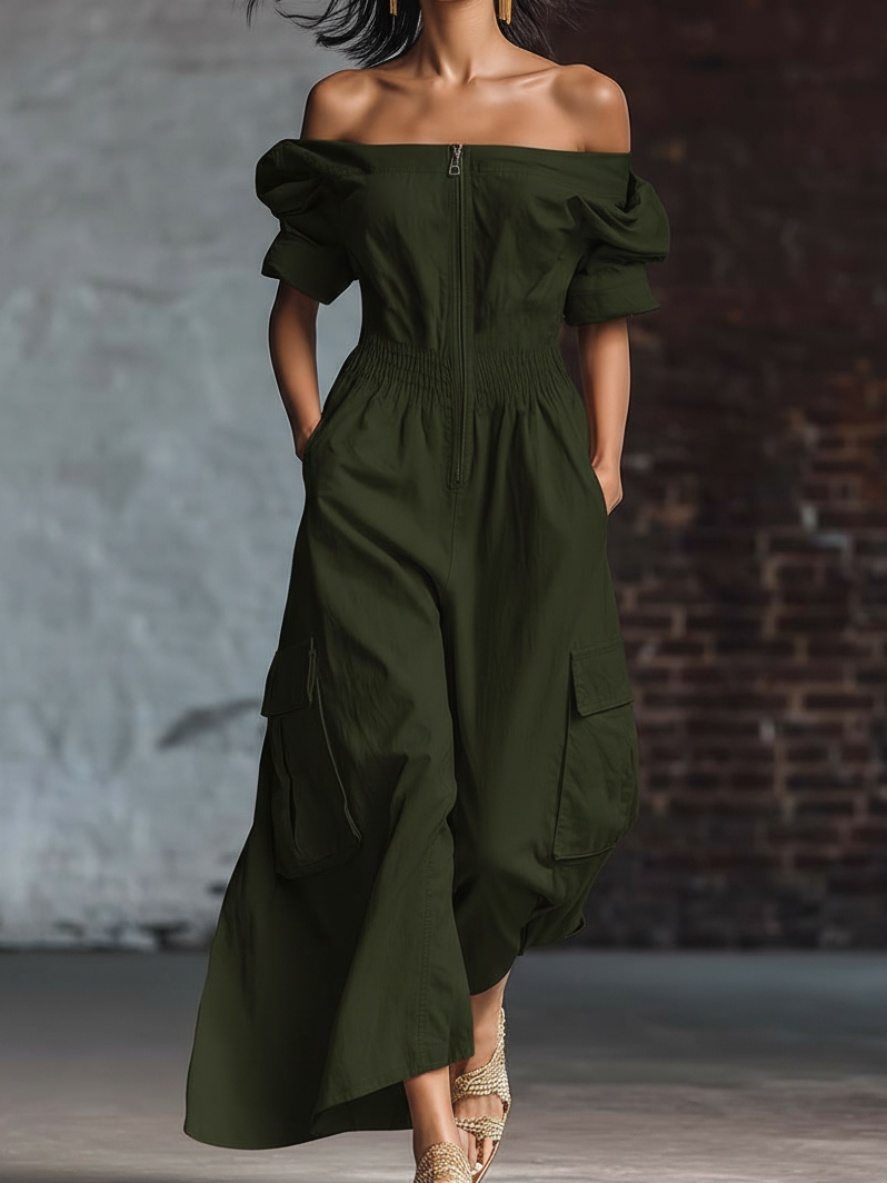 Elegant Off-the-shoulder Zippered Cotton Jumpsuit