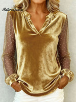 Women's V-neck Lace Patchwork Long-sleeved Velvet Top T-shirt